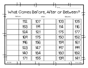 Before, After or Between? Math Number Sense Worksheet by 4 Little Baers