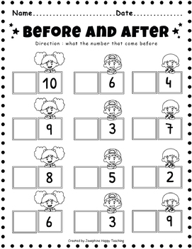 Before and After Numbers 1-10 Worksheets FREE! by Josephine Happy Teaching