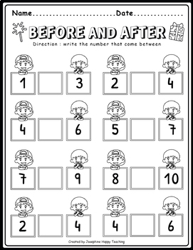 Before and After Numbers 1-10 Worksheets FREE! by Josephine Happy Teaching