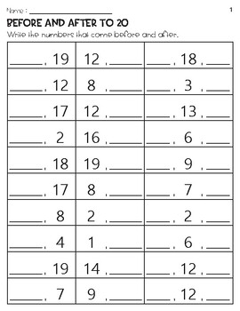 Before and After Numbers to 20 Worksheets by Owl School Studio | TPT