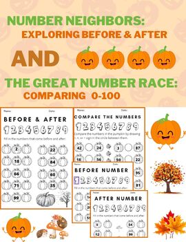 Preview of Before and After and Comparing Numbers Worksheets 1-100, pumpkin numbers