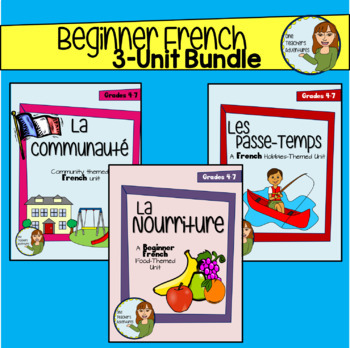 Preview of Beginner French 3-Unit Bundle - Community, Food, Hobbies - Grade 4-7