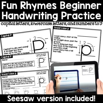 Preview of Beginner Handwriting Practice: Letters and Numbers with Rhymes Print & Seesaw