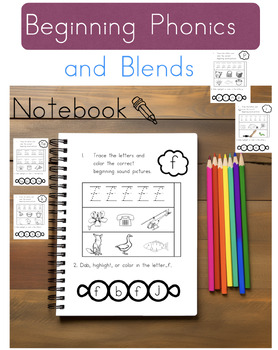 Preview of Beginner Phonics & Blends Notebook or Worksheets (No-Prep)