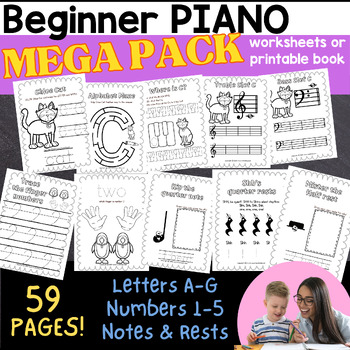 Preview of Beginner Piano Music Worksheet | Workbook 59 pages!