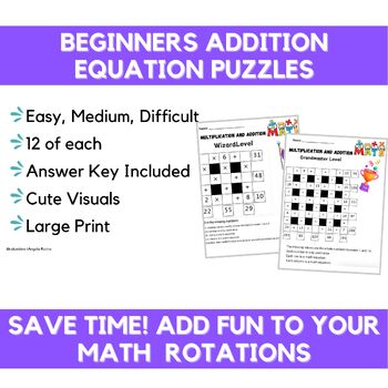 Preview of Beginners Addition Equation Puzzles, 36 Total, Perfect for Rotations