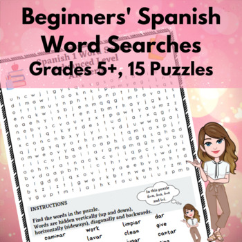Preview of Beginners Spanish Word Searches, Grades 5+, 15 pack