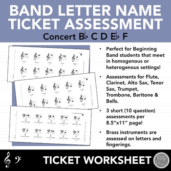 Preview of Beginning Band Letter Note Name Ticket Assessments - Concert Bb, First 5 Notes