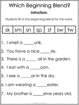 Beginning Blends Worksheets Sk Sm Sn Sp St Sw Tw By My Little Lesson