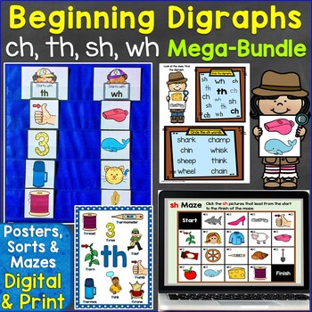 Preview of Beginning Digraphs sh, th, ch, wh Mega-Bundle Printables, Posters, & Digital