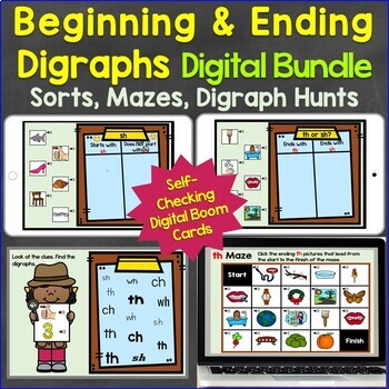 Preview of Beginning & Ending Digraphs sh, th, ch, wh, ck Digital Boom Cards Bundle