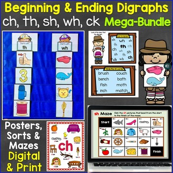 Preview of Beginning & Ending Digraphs sh th ch wh ck Printables, Posters, & Digital Bundle