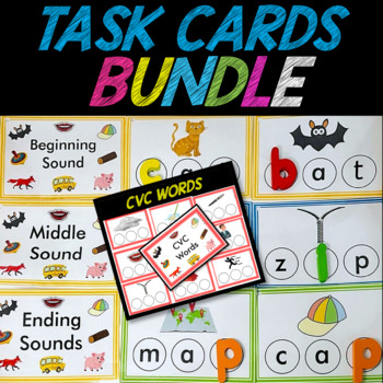 Preview of Beginning, Middle, Ending Sounds and CVC Words Task Card Phonics Bundle