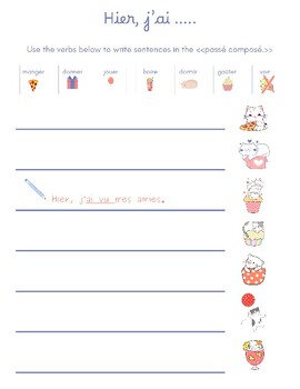 Preview of Beginning Passé Composé Worksheet (with Kawaii Kittens!): Write Sentences in PC