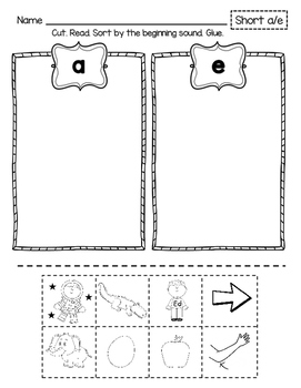 beginning sound sort short vowels a e by kreative kindergarten