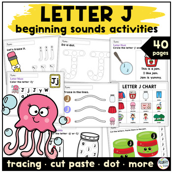 Preview of Beginning Sounds and Alphabet Letter J Cut and Paste Worksheets for Preschool