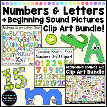 Preview of Beginning Sounds Letters And Pictures + Numbers & Counting Clipart Bundle