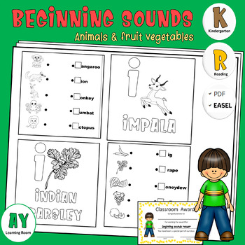 Preview of Beginning Sounds Worksheets | Reading | Fruits and Vegetables | Animals