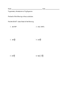 Preview of Beginning Trig Equations - Exact Trig Values Homework with Answer Key