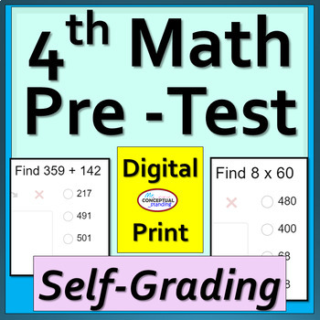 Preview of Beginning of Year 4th Grade Math Pre Assessment Pretest | Self Grading & Print