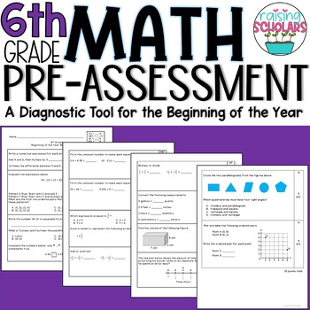 Preview of Beginning of Year 6th Grade Diagnostic Math Pre-Assessment Pretest