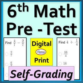Preview of Beginning of Year 6th Grade Math Pre Assessment Pretest Self Grading & Printable