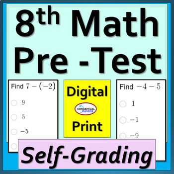 Preview of Beginning of Year 8th Grade Math Pre Assessment Pretest Self Grading & Print Too
