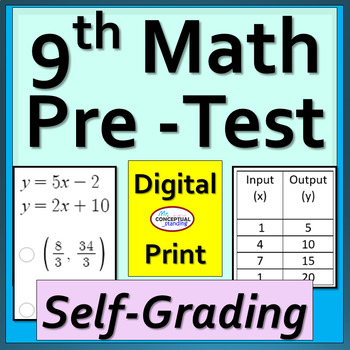 Preview of Beginning of Year 9th Grade Math Pre Assessment Pretest - Self Grading & Print