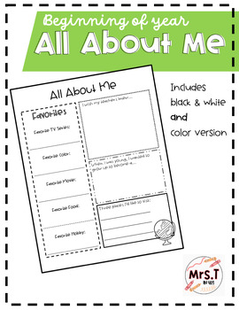 Beginning of Year All About Me Page by Mrs T in 403 | TPT