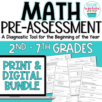 Beginning of Year Math Pre-Assessment Print & Digital BUNDLE 2nd - 7th Grades