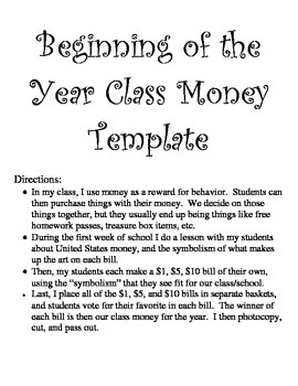 Preview of Beginning of the Year Class Money Template FREEBIE