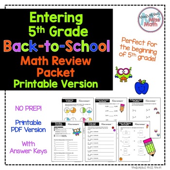 Preview of Beginning of the Year NO PREP Printable Fifth Grade Math Review Packet