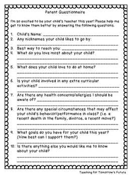 Beginning of the Year Parent Questionnaire by Teaching for Tomorrow's ...