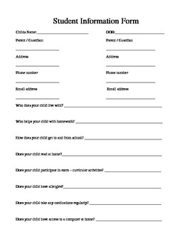 Beginning of the Year Student Information Form by Brittany Lingle