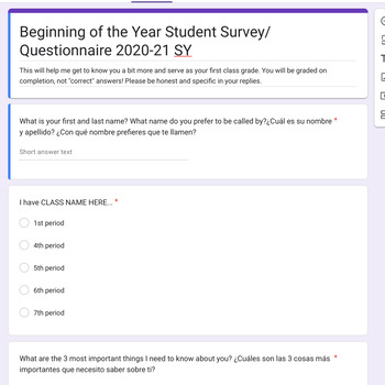 Preview of Beginning of the Year Student Survey - Spanish & English - all subjects