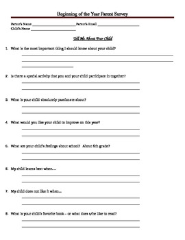 Preview of Beginning of the year Parent Survey