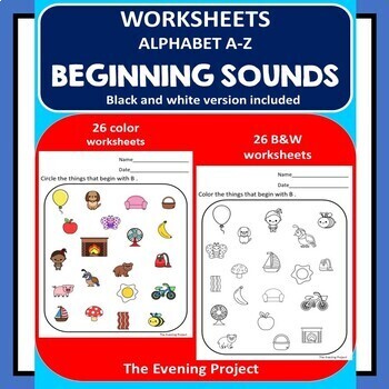 Preview of Beginning sounds worksheets /Alphabet A-Z Color and black and white