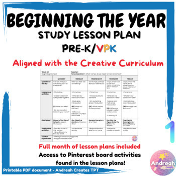 Preview of Beginning the Year  Study Lesson Plan Creative Curriculum PRE-K / VPK