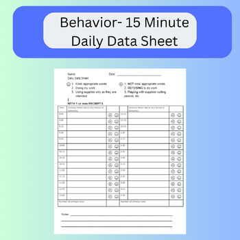 Preview of Behavior- 15 Minute Daily Data Sheet