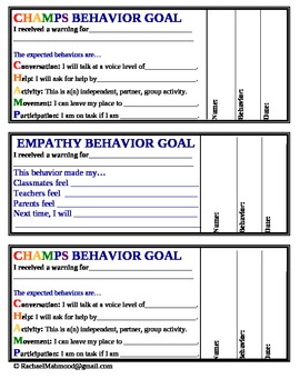 Preview of Behavior Data Collection / Warning Slips CHAMPS