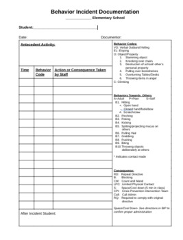 Preview of Behavior Documentation Sheet