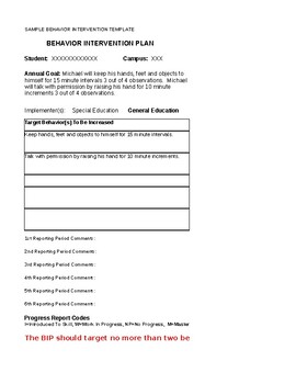 Preview of Behavior Intervention Plan Excel Template SPED 504 Student Support Team