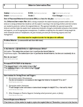 Preview of Behavior Intervention Plan Report Fill-In Form