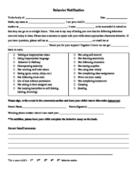 Behavior Notification for Students and Parents (with Bonus Behavior Essay)