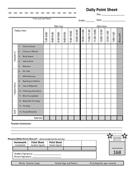 Preview of Behavior Point Sheet