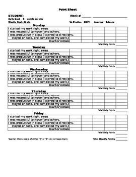 Preview of Behavior Points Sheet
