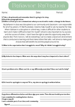 Preview of Middle School Behavior Reflection