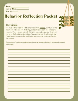 Preview of Behavior Reflection Packet: Behavior Management Resource