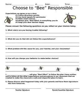 Behavior Reflection Sheet by Bailey's Kids Third Grade | TpT