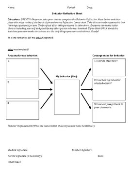 Preview of Behavior Reflection Sheet